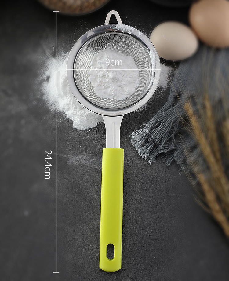 Food grade cooking tool plastic handle stainless steel fine mesh strainer