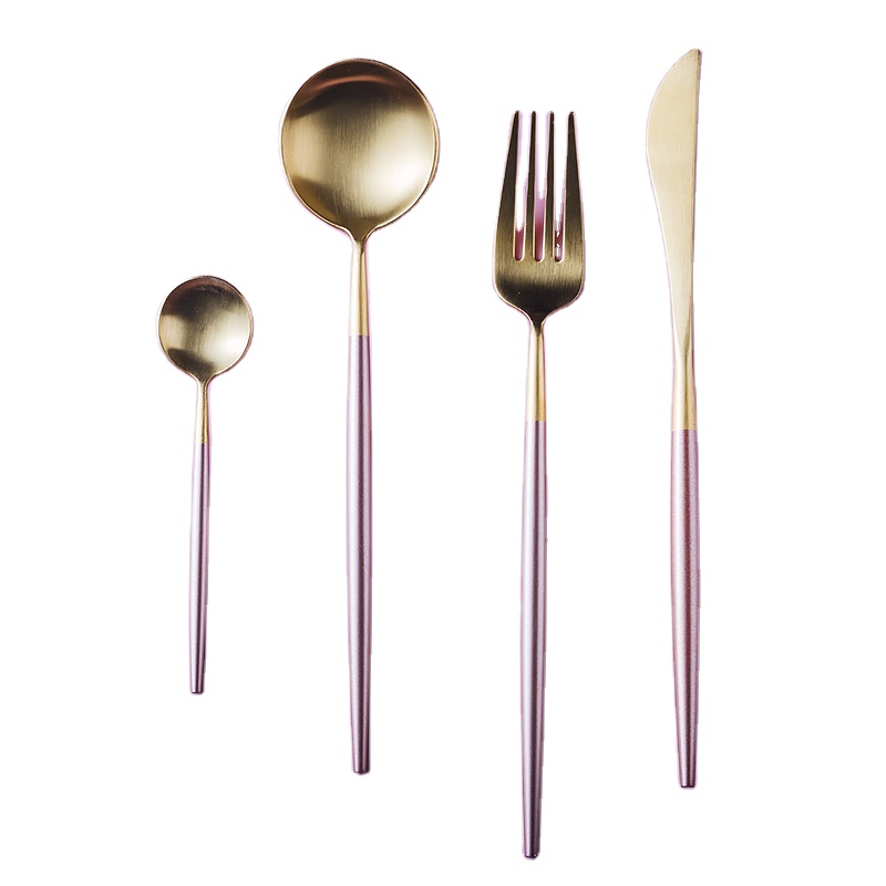 Wholesale golden round handle cutlery colorful stainless steel restaurant flatware sets
