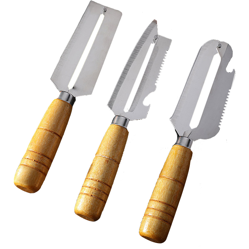 Pineapple sugar cane apple artifact planing stainless steel peeling knife with natural non-slip wooden handle