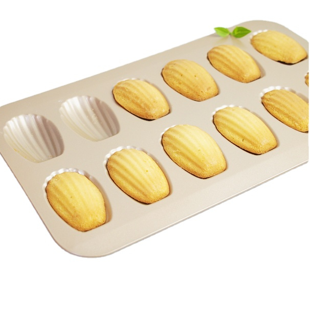 Hot sale 12 cup champagne gold nonstick mini shell shape carbon steel baking cake mold madeleine cake pan