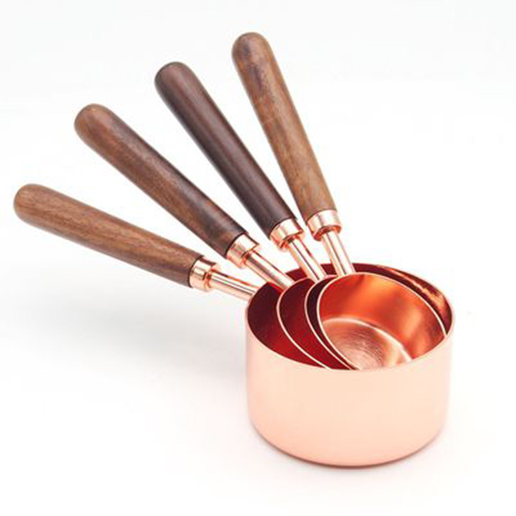 Kitchen gadgets cooking bake walnut handle metal stainless steel measuring cup spoons 4 set for coffee